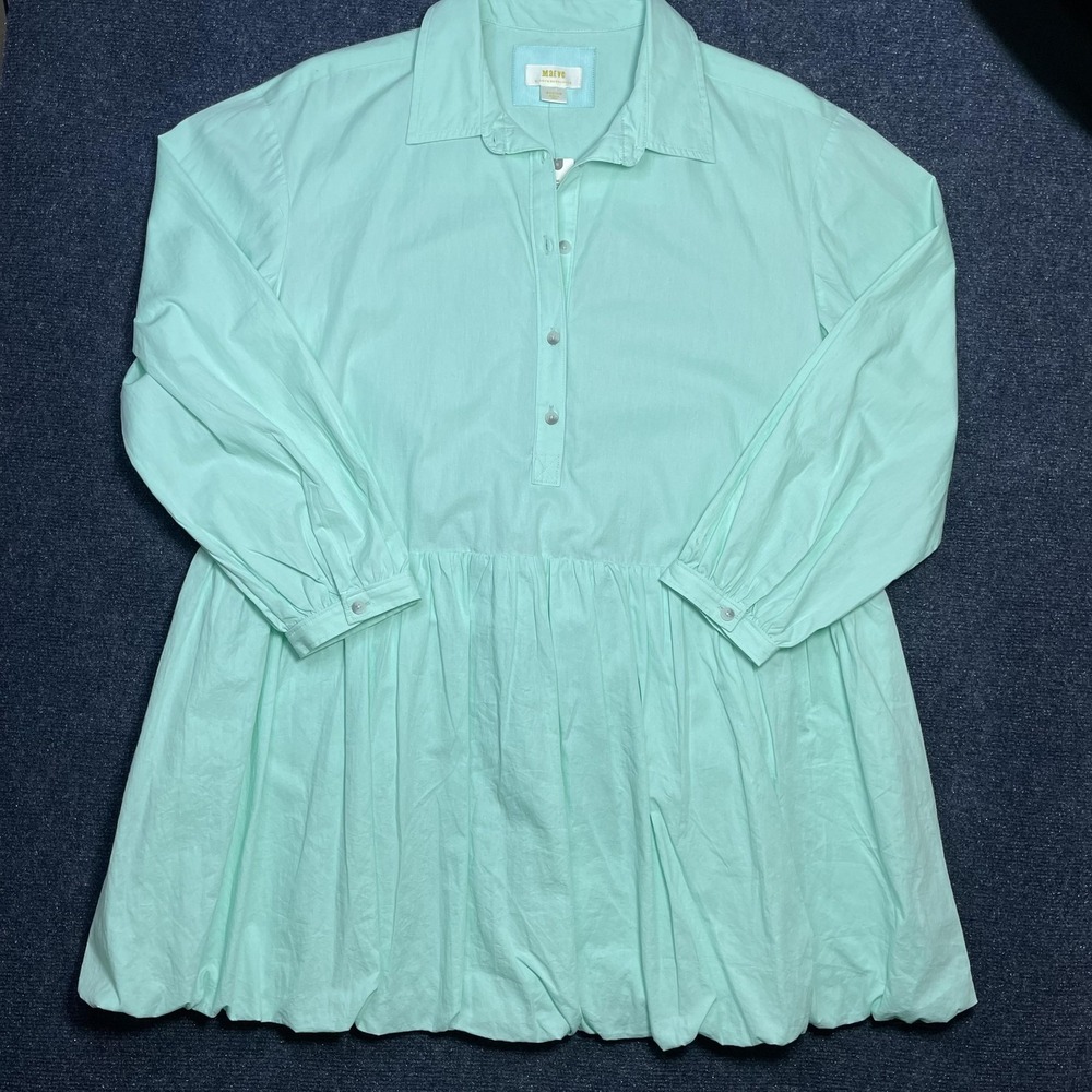 Maeve Dress Womens‎ Medium Green Bubble Hem Shirt Drop Waist Cotton Long Sleeve